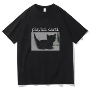 Playboi Carti Oversized Hip-Hop T Shirts Cute Cat Harajuku Print Tee Regular Mens Tops Quality Rapper Tshirt