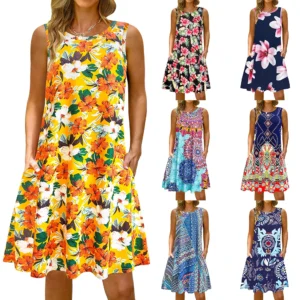 S-5Xl Colorful Printed O Neck Long Dress Casual Bohemian Sleeveless Ladies Summer Beach Sundress Travel Pocket Shirt Party Gowns