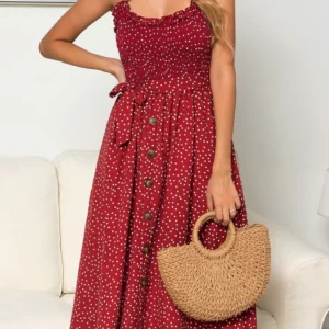 Sexy Summer Sleeveless Slip Dress Women Strapless Bow Button Loose Bandage Pleated Polka Dot Sundress Casual Backless Vestidos