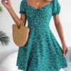 Women-Casual-Ruffles-Short-Sleeve-Floral-Print-A-Line-Dress