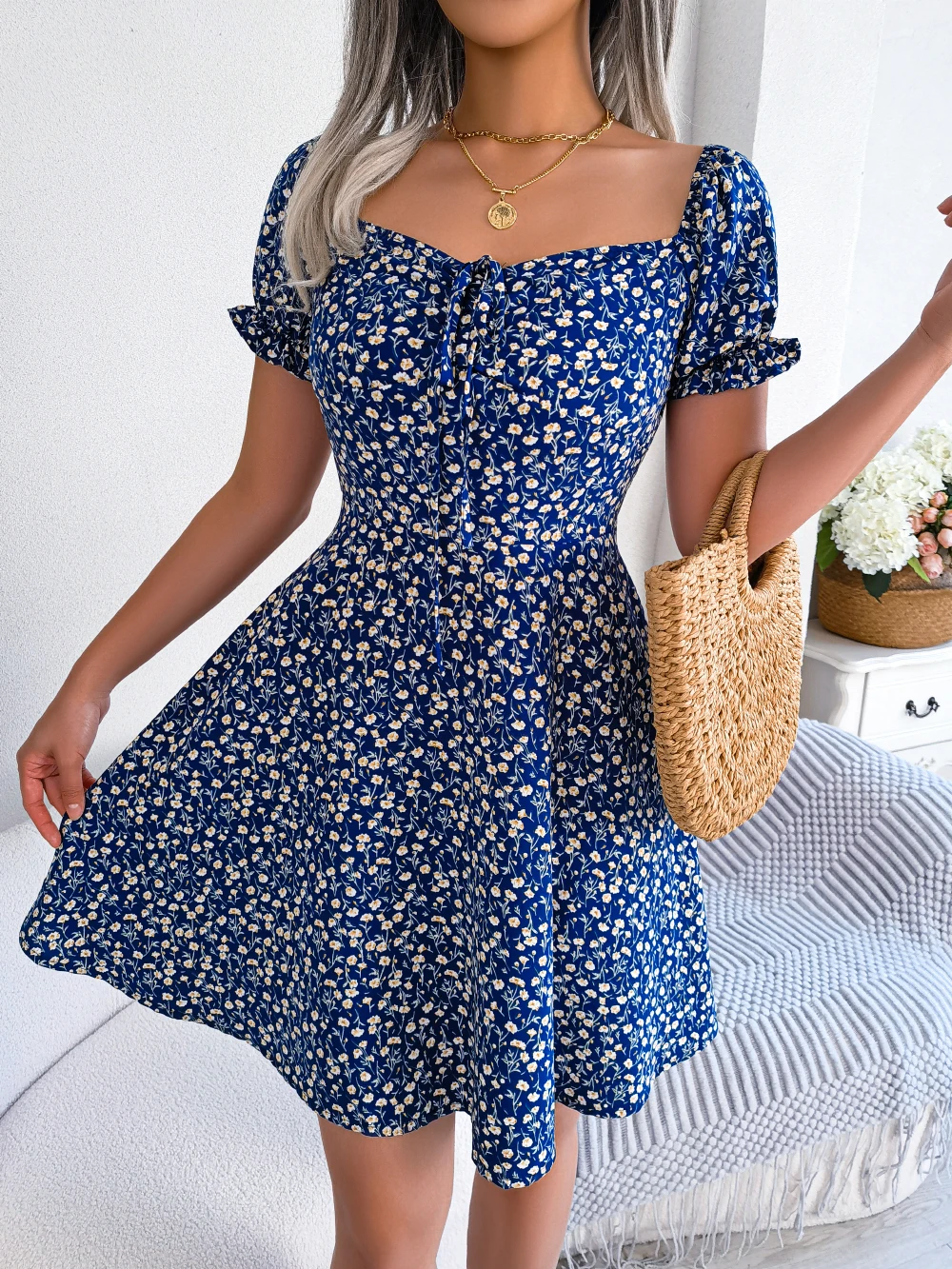 Women-Casual-Ruffles-Short-Sleeve-Floral-Print-A-Line-Dress-2
