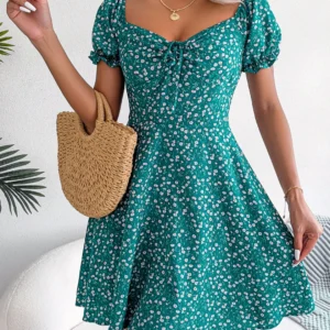 Women Casual Ruffles Short Sleeve Floral Print A Line Dress