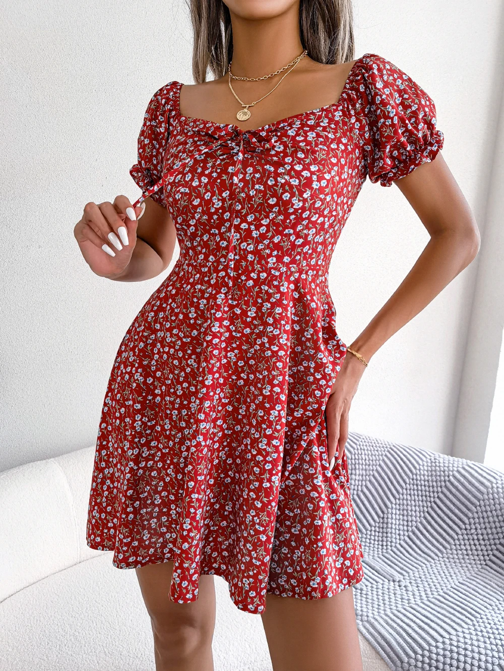 Women-Casual-Ruffles-Short-Sleeve-Floral-Print-A-Line-Dress-4