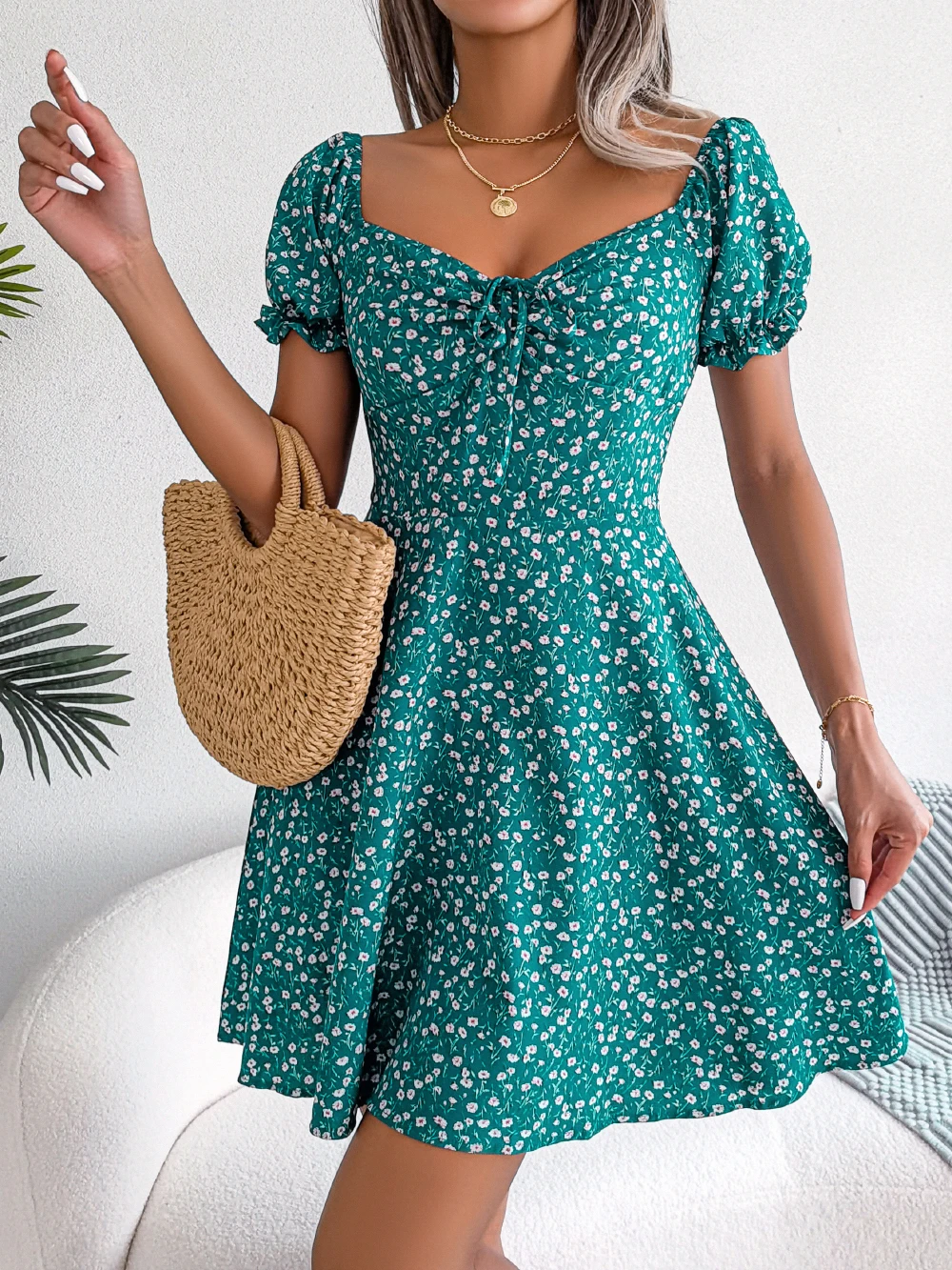 Women-Casual-Ruffles-Short-Sleeve-Floral-Print-A-Line-Dress