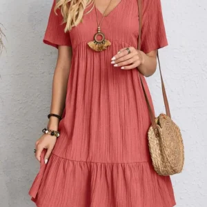 Women Elegant V Neck Ruffles Mini Dress Summer Vintage Solid Loose Sundress Bohemian Casual Solid Beach Party Vestidos 2023
