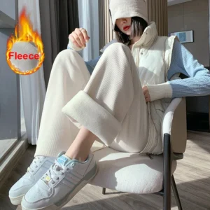 2023 Casual Women Long Fleece Inside Pants Autumn Winter High Waist Wide Leg Pants Thicken Female Straight Long Pants Trousers