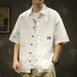 American Casual Short Sleeve Shirt For Men Summer Fashion Comfortable T-shirt 2023 New High Street Plain Lapel blouses hombre