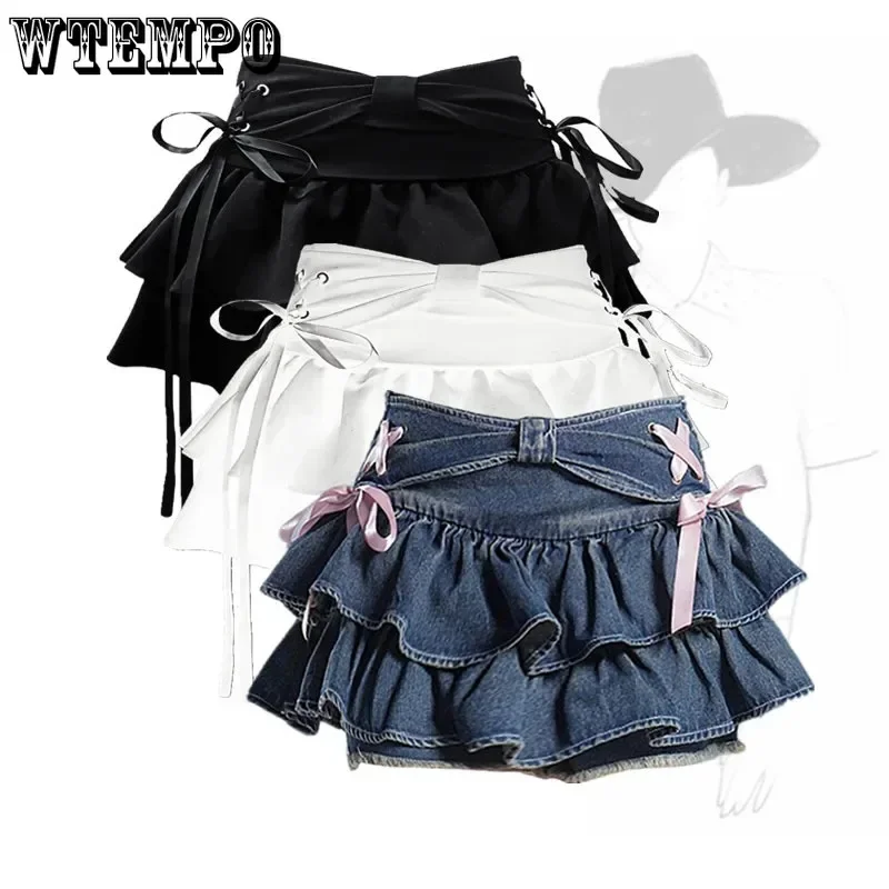 Blue-Denim-Pleated-Skirt-Bow-Fold-Design-Women-s-A-line-Short-Skirt-Built-in-Shorts