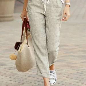 Casual Cotton Linen Pant Women Loose Solid Pockets Elastic Waist Straight Long Trousers Ladies Summer Elegant Office Ninth Pants