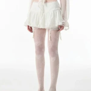 HOUZHOU Coquette Mini Skirt Women 2023 Kawaii Lace Mesh Patchwork Sexy White High Waist A-line Lolita Ruffle Skirt Fairycore