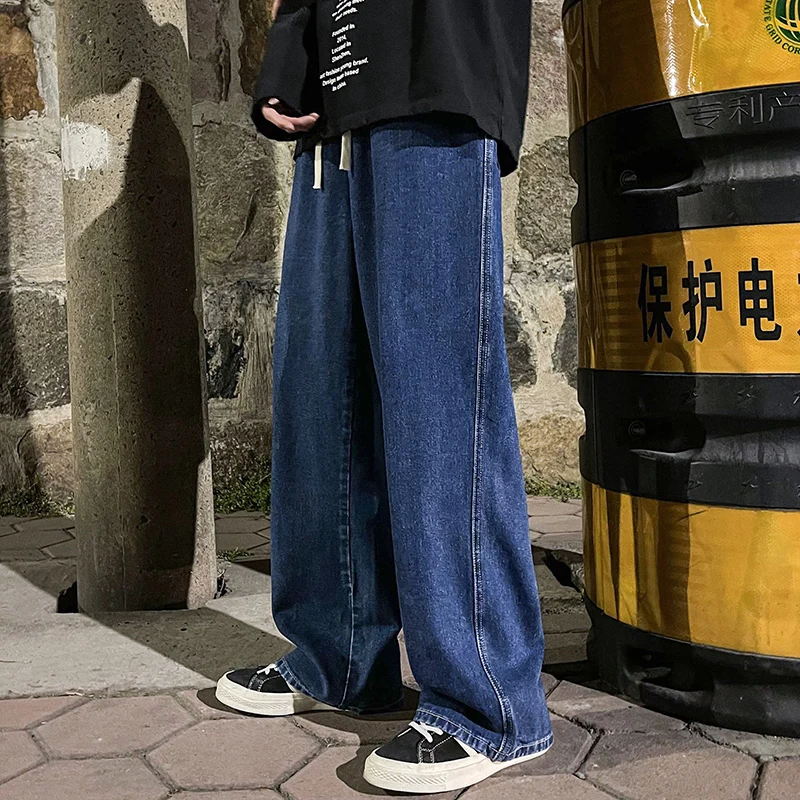 Korean-Fashion-Men-s-Baggy-Jeans-Elastic-Waist-Classic-olid-Color-Straight-leg-Denim-Wide-leg-3