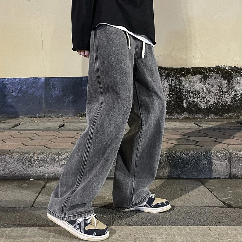 Korean-Fashion-Men-s-Baggy-Jeans-Elastic-Waist-Classic-olid-Color-Straight-leg-Denim-Wide-leg