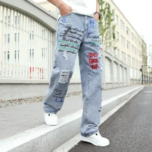 Men's y2k Baggy Jeans Hip Hop Ripped Trousers Harem Cartoon Loose Graffiti Printing Denim Casual Pants Cargo Jeans for Men