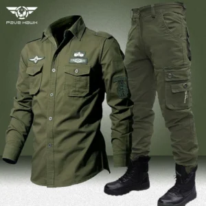 Military Cargo Sets Men Spring Autumn Multi-pocket Bomber Long Sleeves Shirts Wear-resistant Straight Pant 2 Pcs Army Flight Set