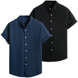 New Fashion 2024 Summer Men's Plain Shirt Stand Collar Short Sleeve Solid Color Casual Button-Down Black Dress Shirts for Men